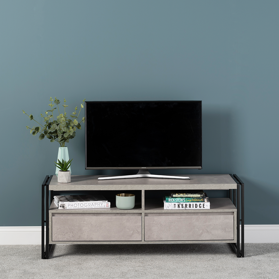 Verona Grey Concrete Effect TV Stand With Matt Black Metal Frame