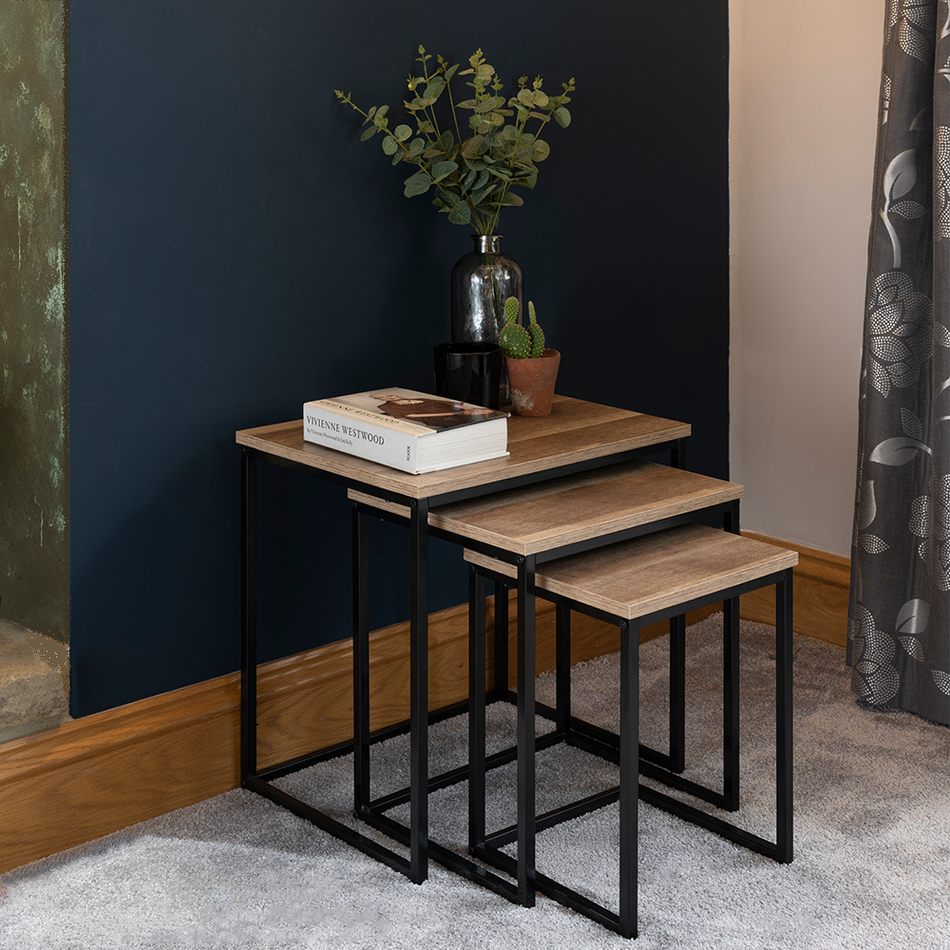 Florence Industrial Nest of Coffee Tables Mid Oak Style and Matt Black Frames