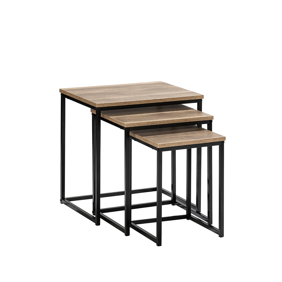 Florence Industrial Nest of Coffee Tables Mid Oak Style and Matt Black Frames