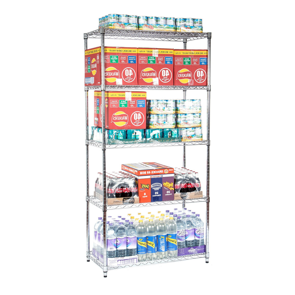 Heavy Duty Metal Chrome Wire Shelving Unit 5 tier 1838mm H x 907mm W x 457mm D - 240KG's UDL Per Shelf