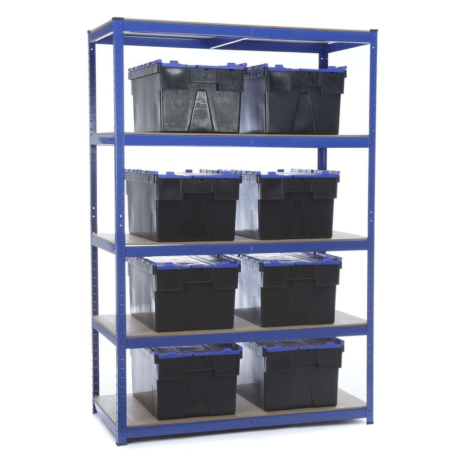 Garage Shelving Unit 5 Levels 1800mm x 1200mm x 600mm with 8 56 LTR CROC Storage Boxes - 275KG's UDL Per Shelf