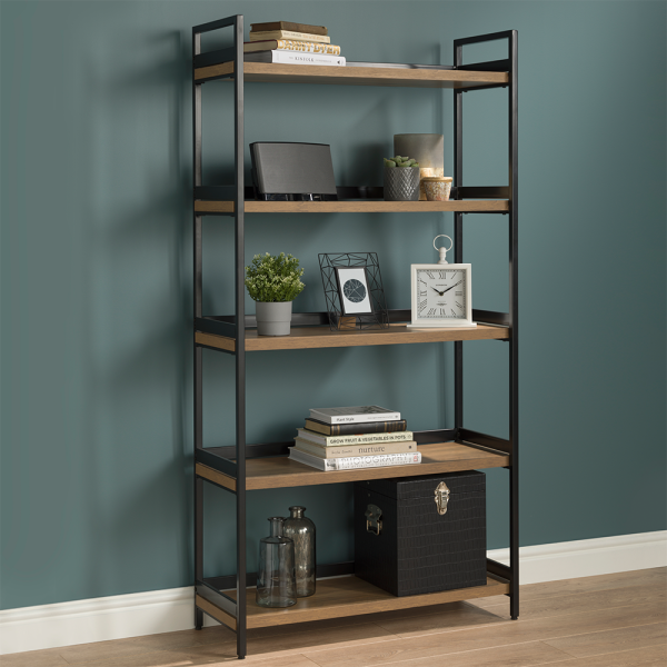 Genoa 5 Tier Industrial Contemporary Home Storage Shelving – Oak Finish with Matt Black Metalwork