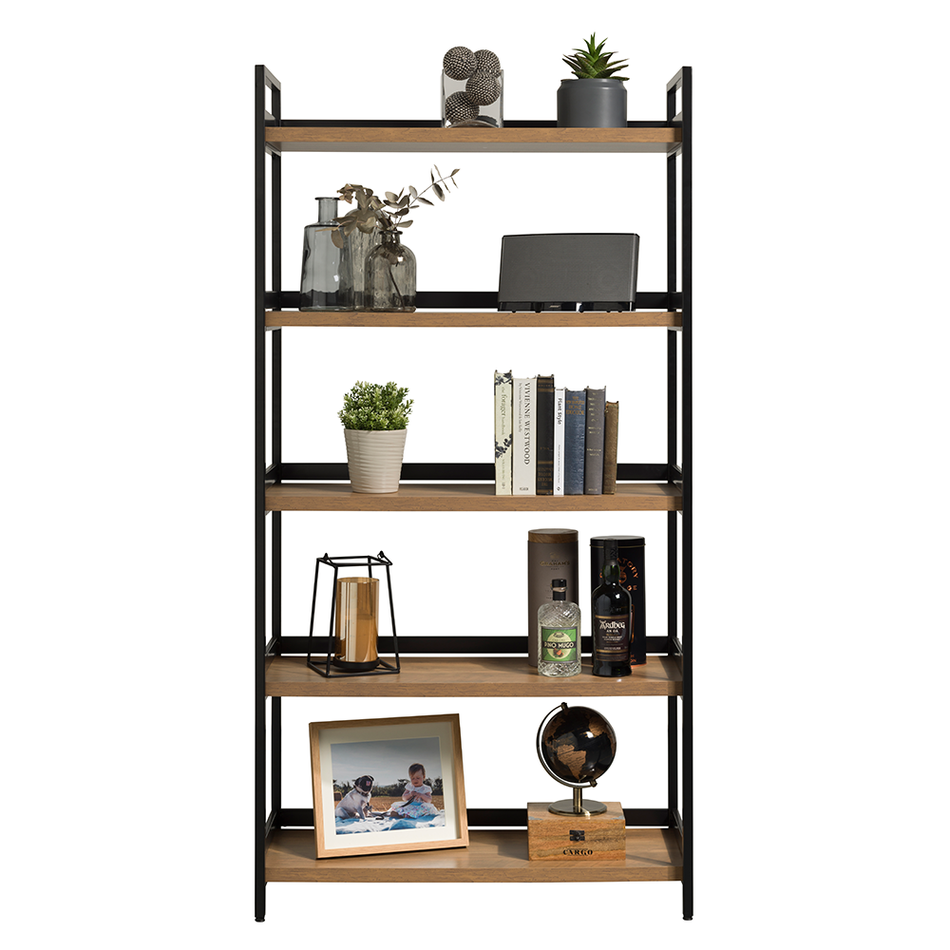 Genoa 5 Tier Industrial Contemporary Home Storage Shelving – Oak Finish with Matt Black Metalwork