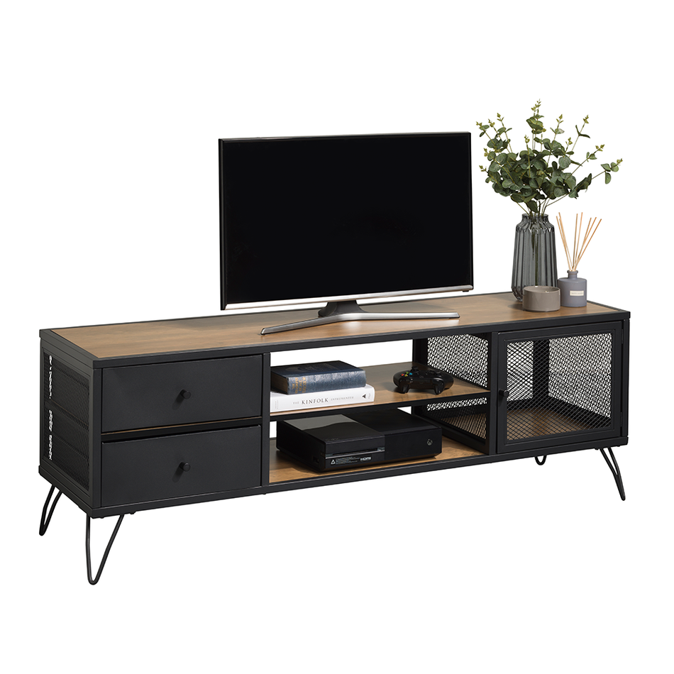 Lucca TV Stand With Contemporary Industrial Black Hairpin Legs Oak Finish