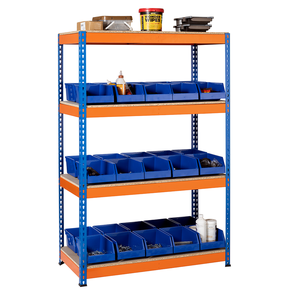 Heavy Duty Racking Blue and Orange 4 Levels 1800mm H x 1200mm W x 600mm D with 30 Picking Parts Bins