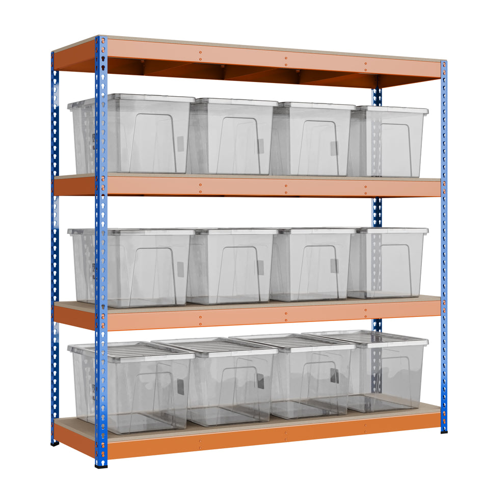 Heavy Duty Racking Shelving Unit 4 Levels 1800mm H x 1800mm W x 600mm D | 12 X Wham Bam Storage Boxes 60L