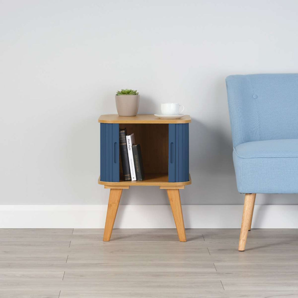 Copenhagen Side Table with Dark Blue Sliding Doors