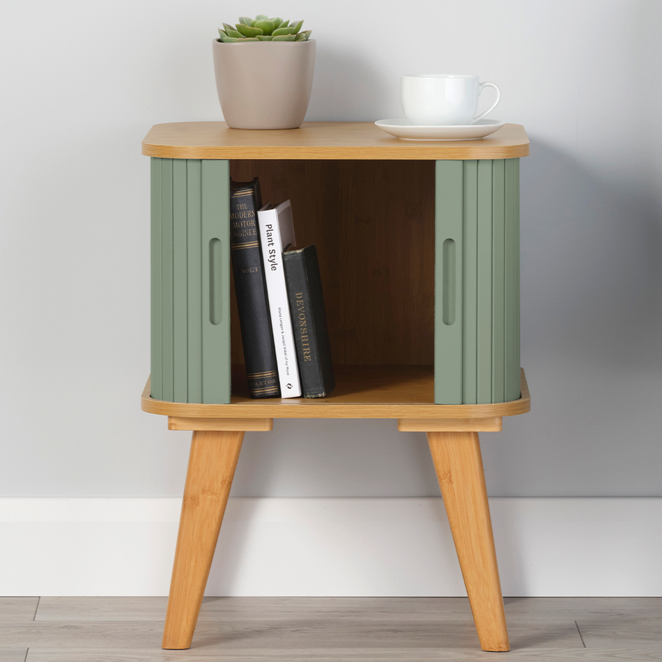 Copenhagen Side Table with Sage Green Sliding Doors