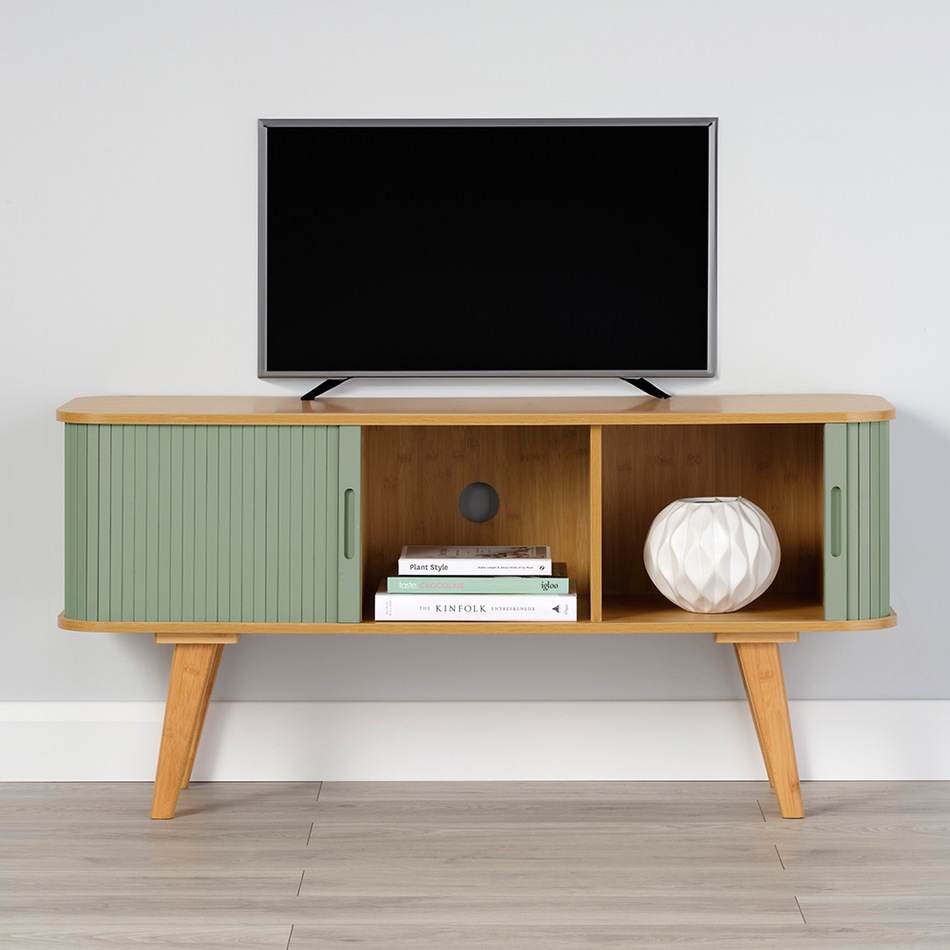 Oslo TV Stand with Sage Green Sliding Doors