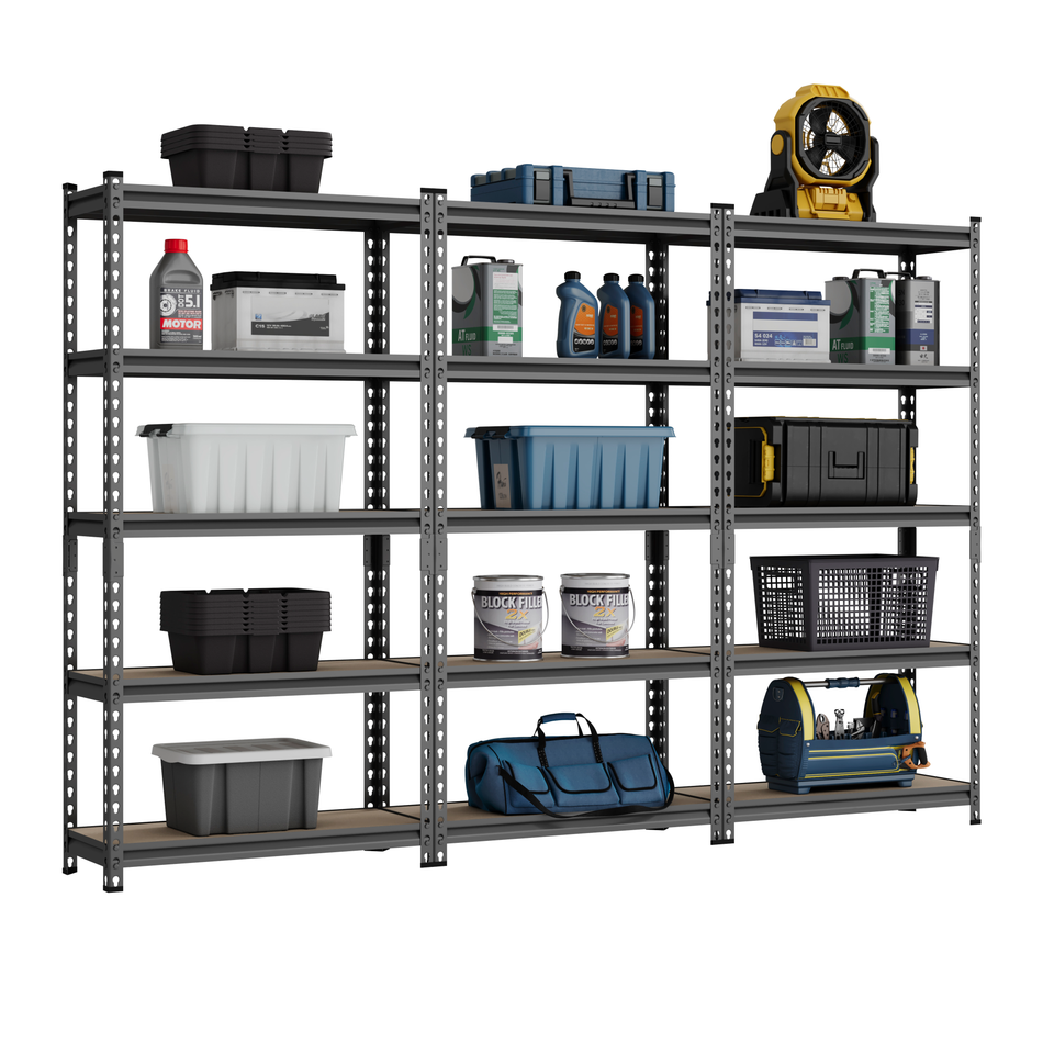 3 Bay MEGA DEAL Grey Steel Garage Shelving Units / Racking 5 Levels | 1500mm H x 750mm W x 300mm D - 150KG's UDL Per Shelf