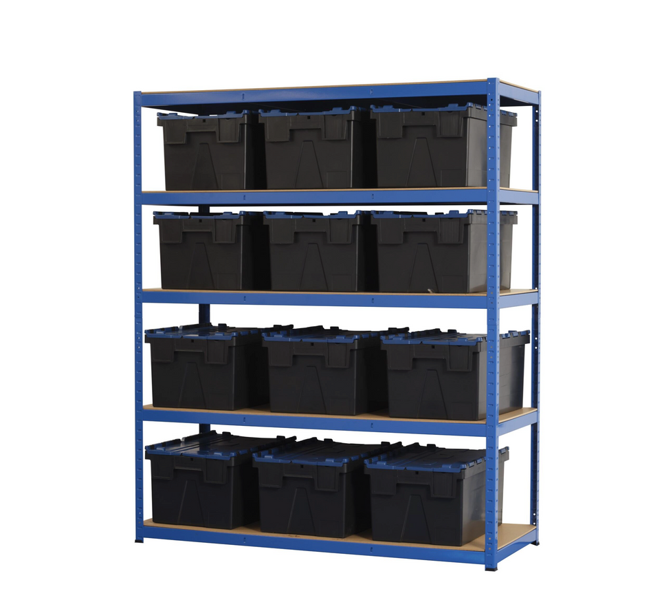 Garage Shelving Unit 5 Levels 1800mm x 1500mm x 600mm with 12 56 LTR CROC Storage Boxes - 200KG's UDL Per Shelf