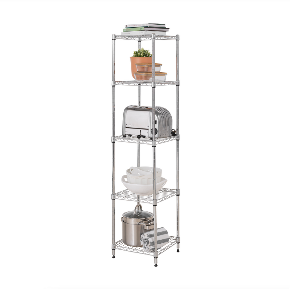 Heavy Duty 5 Tier Chrome Corner Storage Unit – 1500mm H x 350mm W x 350mm D 115KG's UDL Per Shelf