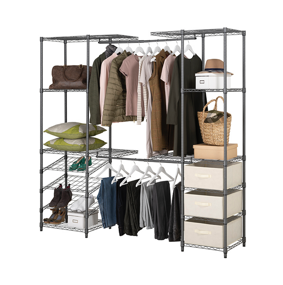 Extendable Grey Chrome Wardrobe Clothes Rail With 3 x Cream Linen Pull Out Storage Baskets 2013mm H x 1710mm/2100mm W x 457mm D