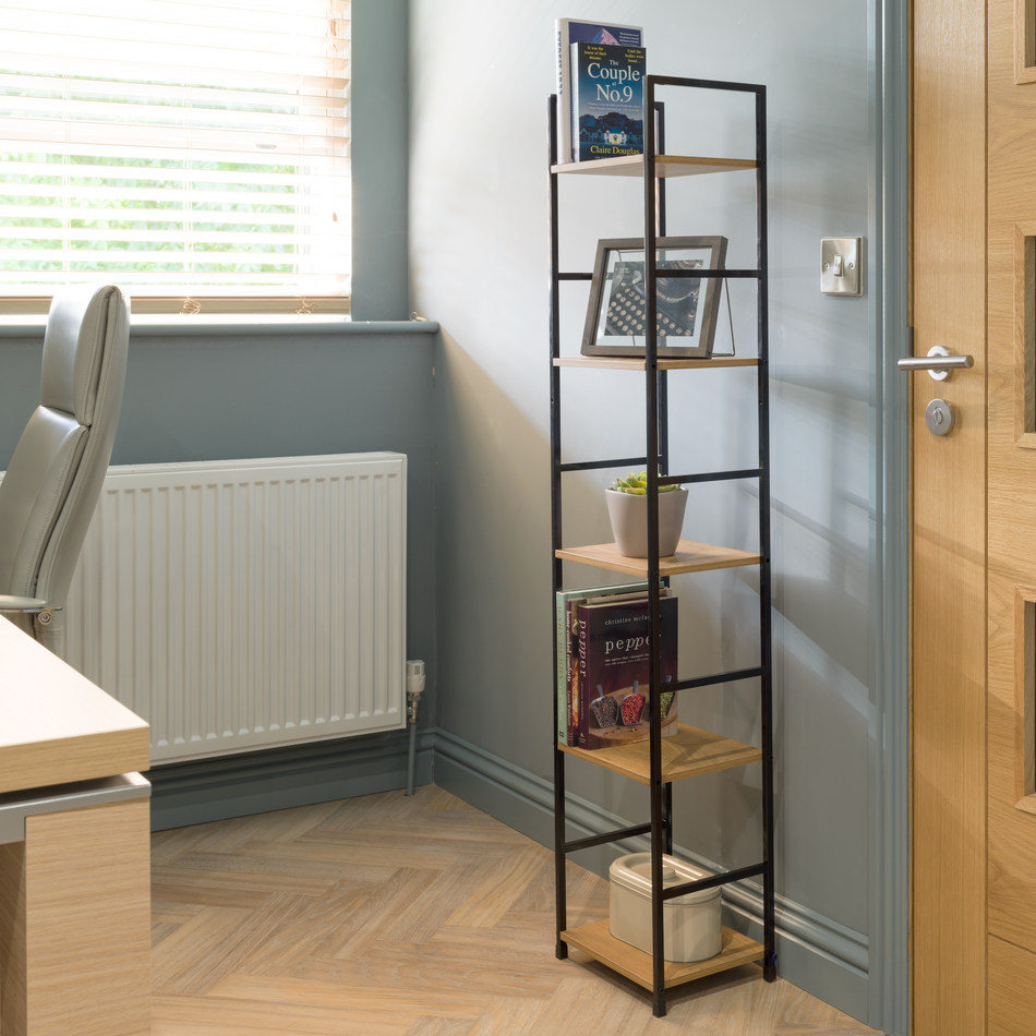 Palermo 5 Tier Shelving Unit, Oak Effect Shelves & Black Metalwork