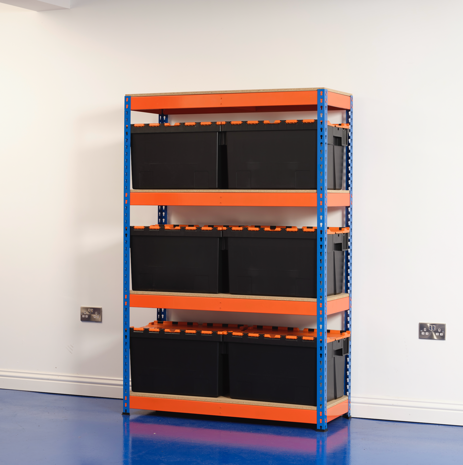 Heavy Duty Shelving Blue and Orange 4 Levels 1800 x 1200 x 600 | With 6 65LTR CROC Storage Boxes