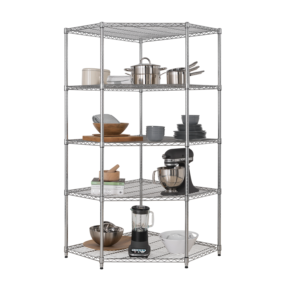 Heavy Duty 5 Tier Chrome Corner Storage Unit – 1838mm H x 907/670mm W x 457mm D 100KG's UDL Per Shelf