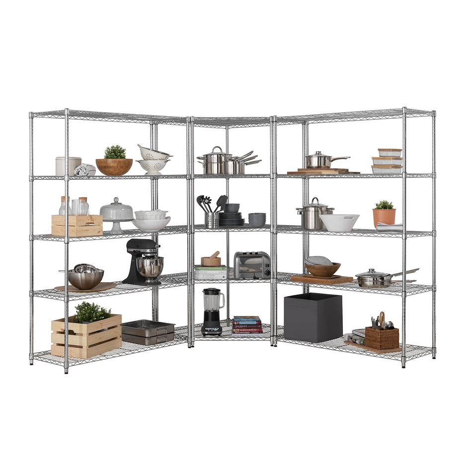 Heavy Duty 5 Tier Chrome Corner Storage Kit 100KG UDL Per Shelf - 1838mm H x 907mm W x 457mm D