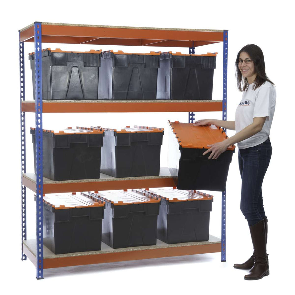 Heavy Duty Shelving Blue and Orange 4 Levels 1800 x 1500 x 600 | With 9  65LTR CROC Storage Boxes