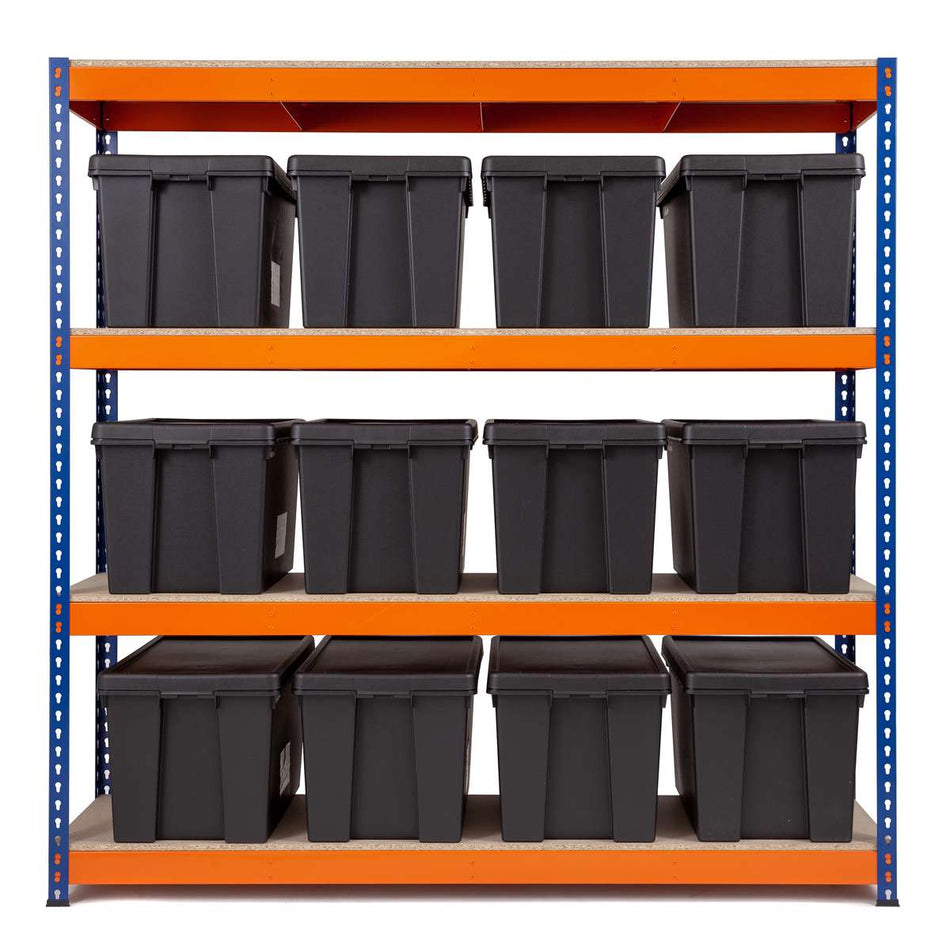 Heavy Duty Shelving Unit 1800mm H x 1800mm W x 600mm D | With 12 of 62Ltr WHAM BAM Storage Boxes