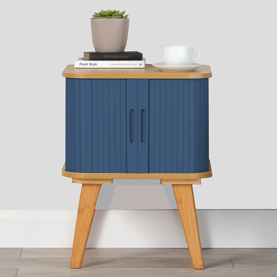 Copenhagen Side Table with Dark Blue Sliding Doors